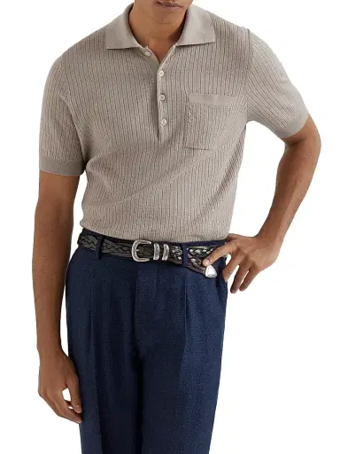 Brunello Cucinelli Men's Cotton Textured Rib Lightweight Knit Polo Shirt - Dove | Thumbnail 5 Brunello Cucinelli Men's Cotton Textured Rib Lightweight Knit Polo Shirt - Dove | Thumbnail 5