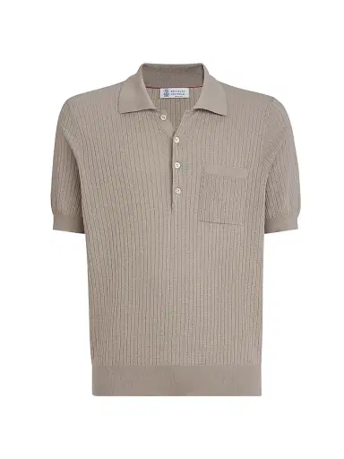Brunello Cucinelli Men's Cotton Textured Rib Lightweight Knit Polo Shirt - Dove | Thumbnail 1 Brunello Cucinelli Men's Cotton Textured Rib Lightweight Knit Polo Shirt - Dove | Thumbnail 1