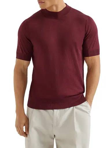 Brunello Cucinelli Men's Lightweight Silk and Cotton Knit T-Shirt with Mock Neck - Amaranth Red | Thumbnail 2 Brunello Cucinelli Men's Lightweight Silk and Cotton Knit T-Shirt with Mock Neck - Amaranth Red | Thumbnail 2