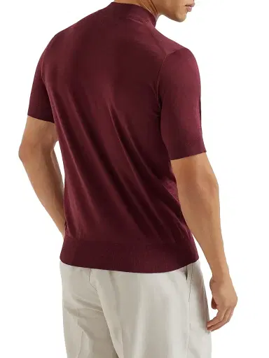 Brunello Cucinelli Men's Lightweight Silk and Cotton Knit T-Shirt with Mock Neck - Amaranth Red | Thumbnail 3 Brunello Cucinelli Men's Lightweight Silk and Cotton Knit T-Shirt with Mock Neck - Amaranth Red | Thumbnail 3