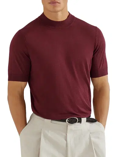 Brunello Cucinelli Men's Lightweight Silk and Cotton Knit T-Shirt with Mock Neck - Amaranth Red | Thumbnail 5 Brunello Cucinelli Men's Lightweight Silk and Cotton Knit T-Shirt with Mock Neck - Amaranth Red | Thumbnail 5