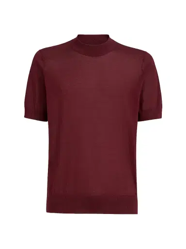Brunello Cucinelli Men's Lightweight Silk and Cotton Knit T-Shirt with Mock Neck - Amaranth Red | Thumbnail 1 Brunello Cucinelli Men's Lightweight Silk and Cotton Knit T-Shirt with Mock Neck - Amaranth Red | Thumbnail 1