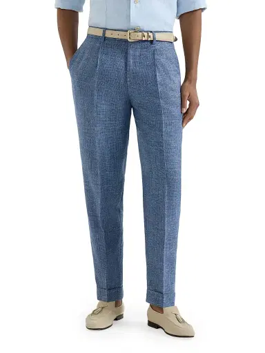 Brunello Cucinelli Men's Virgin Wool, Silk and Linen Hopsack Pleated Trousers | Thumbnail 2 Brunello Cucinelli Men's Virgin Wool, Silk and Linen Hopsack Pleated Trousers | Thumbnail 2