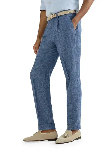 Brunello Cucinelli Men's Virgin Wool, Silk and Linen Hopsack Pleated Trousers | Thumbnail 3 Brunello Cucinelli Men's Virgin Wool, Silk and Linen Hopsack Pleated Trousers | Thumbnail 3