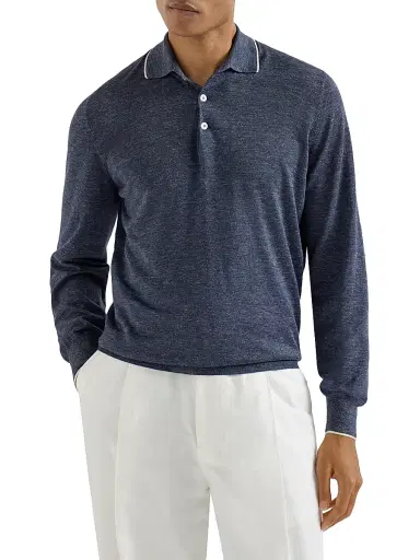 Brunello Cucinelli Men's Cashmere, Silk and Hemp Lightweight Knit Polo Shirt - Avio Blue | Thumbnail 2 Brunello Cucinelli Men's Cashmere, Silk and Hemp Lightweight Knit Polo Shirt - Avio Blue | Thumbnail 2