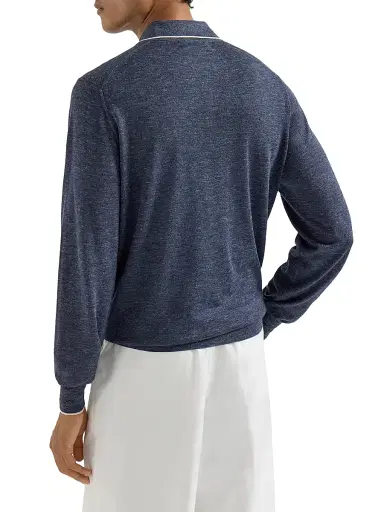 Brunello Cucinelli Men's Cashmere, Silk and Hemp Lightweight Knit Polo Shirt - Avio Blue | Thumbnail 3 Brunello Cucinelli Men's Cashmere, Silk and Hemp Lightweight Knit Polo Shirt - Avio Blue | Thumbnail 3