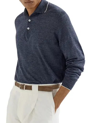 Brunello Cucinelli Men's Cashmere, Silk and Hemp Lightweight Knit Polo Shirt - Avio Blue | Thumbnail 5 Brunello Cucinelli Men's Cashmere, Silk and Hemp Lightweight Knit Polo Shirt - Avio Blue | Thumbnail 5