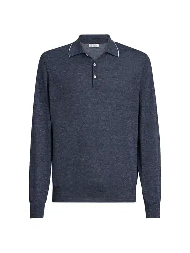 Brunello Cucinelli Men's Cashmere, Silk and Hemp Lightweight Knit Polo Shirt - Avio Blue | Thumbnail 1 Brunello Cucinelli Men's Cashmere, Silk and Hemp Lightweight Knit Polo Shirt - Avio Blue | Thumbnail 1