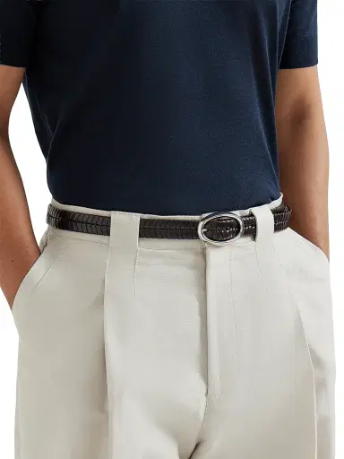 Brunello Cucinelli Men's Chevron Effect Braided Leather Belt with Oval Buckle | Thumbnail 2 Brunello Cucinelli Men's Chevron Effect Braided Leather Belt with Oval Buckle | Thumbnail 2