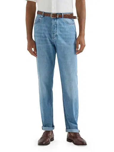 Brunello Cucinelli Men's Lightweight Old Denim Iconic Fit Five Pocket Jeans - Light Blue Denim - Size 48 | Thumbnail 2 Brunello Cucinelli Men's Lightweight Old Denim Iconic Fit Five Pocket Jeans - Light Blue Denim - Size 48 | Thumbnail 2