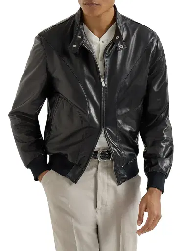 Brunello Cucinelli Men's Polished Nappa Leather Pilot Jacket - Black | Thumbnail 2 Brunello Cucinelli Men's Polished Nappa Leather Pilot Jacket - Black | Thumbnail 2