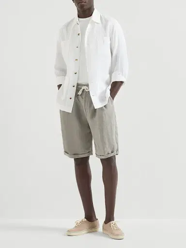 Brunello Cucinelli Men's Garment Dyed Bermuda Shorts in Linen Gabardine - Khaki | Thumbnail 6 Brunello Cucinelli Men's Garment Dyed Bermuda Shorts in Linen Gabardine - Khaki | Thumbnail 6