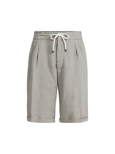 Brunello Cucinelli Men's Garment Dyed Bermuda Shorts in Linen Gabardine - Khaki | Thumbnail 1 Brunello Cucinelli Men's Garment Dyed Bermuda Shorts in Linen Gabardine - Khaki | Thumbnail 1