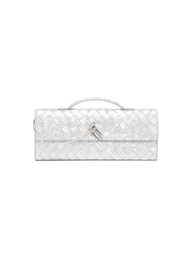Bottega Veneta Women's Andiamo Intrecciato Metallic Satin Leather Top-Handle Clutch - Silver | Thumbnail 1 Bottega Veneta Women's Andiamo Intrecciato Metallic Satin Leather Top-Handle Clutch - Silver | Thumbnail 1