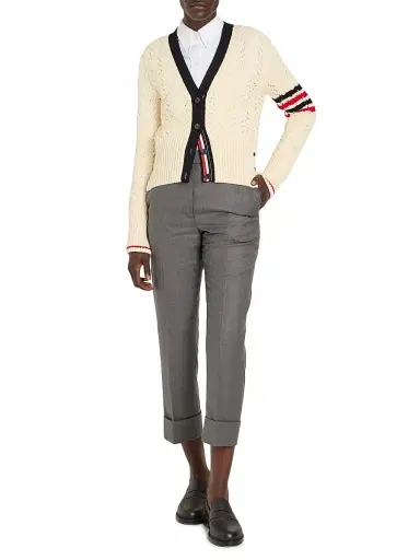 Thom Browne Women's Cable-Pointelle Knit Wool Cardigan - White | Thumbnail 2 Thom Browne Women's Cable-Pointelle Knit Wool Cardigan - White | Thumbnail 2