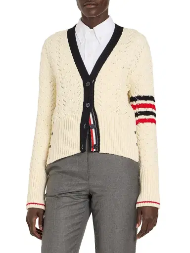 Thom Browne Women's Cable-Pointelle Knit Wool Cardigan - White | Thumbnail 3 Thom Browne Women's Cable-Pointelle Knit Wool Cardigan - White | Thumbnail 3
