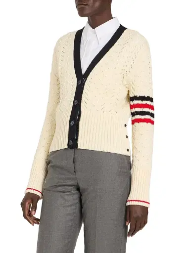 Thom Browne Women's Cable-Pointelle Knit Wool Cardigan - White | Thumbnail 4 Thom Browne Women's Cable-Pointelle Knit Wool Cardigan - White | Thumbnail 4