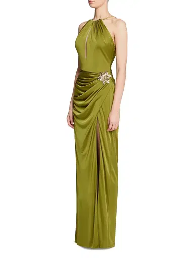 Halston Women's Elin Embellished Jersey Halterneck Gown - Army - Size 6 | Thumbnail 4 Halston Women's Elin Embellished Jersey Halterneck Gown - Army - Size 6 | Thumbnail 4
