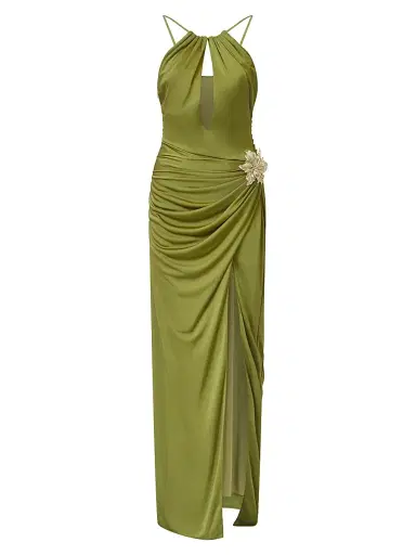 Halston Women's Elin Embellished Jersey Halterneck Gown - Army - Size 6 | Thumbnail 1 Halston Women's Elin Embellished Jersey Halterneck Gown - Army - Size 6 | Thumbnail 1