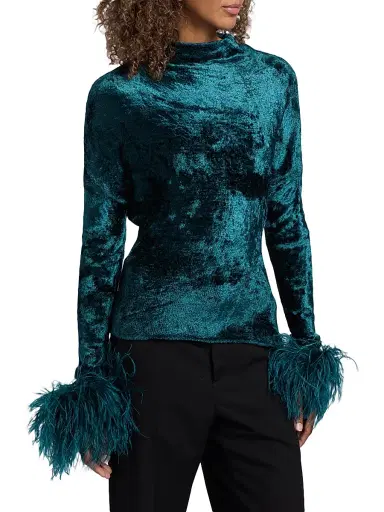 Lapointe Women's Feather-Cuff Velvet Top | Thumbnail 4 Lapointe Women's Feather-Cuff Velvet Top | Thumbnail 4
