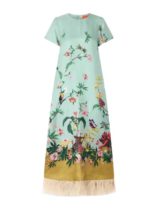 Swing Feather-trimmed Printed Silk-twill Maxi Dress Swing Feather-trimmed Printed Silk-twill Maxi Dress