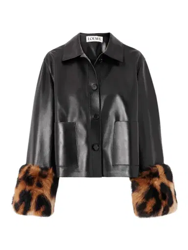 Loewe Leopard-print Shearling-trimmed Glossed-leather Jacket | Thumbnail 1 Loewe Leopard-print Shearling-trimmed Glossed-leather Jacket | Thumbnail 1
