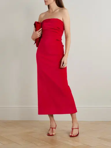 Tove Sabella Strapless Ruched Cotton-blend Velvet Midi Dress | Thumbnail 2 Tove Sabella Strapless Ruched Cotton-blend Velvet Midi Dress | Thumbnail 2