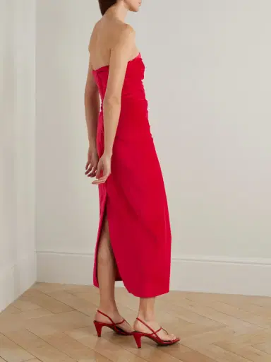 Tove Sabella Strapless Ruched Cotton-blend Velvet Midi Dress | Thumbnail 3 Tove Sabella Strapless Ruched Cotton-blend Velvet Midi Dress | Thumbnail 3