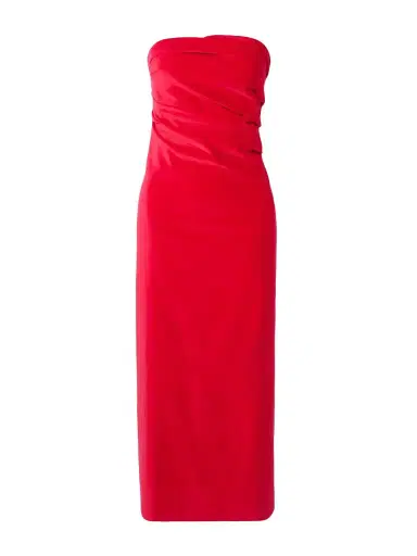 Tove Sabella Strapless Ruched Cotton-blend Velvet Midi Dress | Thumbnail 1 Tove Sabella Strapless Ruched Cotton-blend Velvet Midi Dress | Thumbnail 1