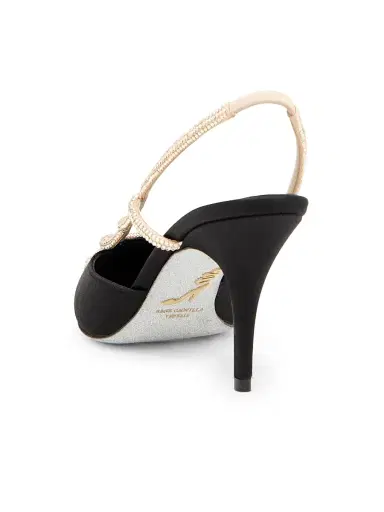 René Caovilla Women's 80MM Satin Slingback Pumps - Black Satin Golden Strass | Thumbnail 3 René Caovilla Women's 80MM Satin Slingback Pumps - Black Satin Golden Strass | Thumbnail 3
