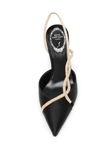 René Caovilla Women's 80MM Satin Slingback Pumps - Black Satin Golden Strass | Thumbnail 4 René Caovilla Women's 80MM Satin Slingback Pumps - Black Satin Golden Strass | Thumbnail 4
