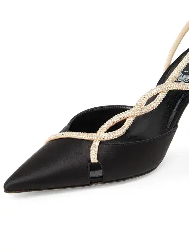 René Caovilla Women's 80MM Satin Slingback Pumps - Black Satin Golden Strass | Thumbnail 5 René Caovilla Women's 80MM Satin Slingback Pumps - Black Satin Golden Strass | Thumbnail 5