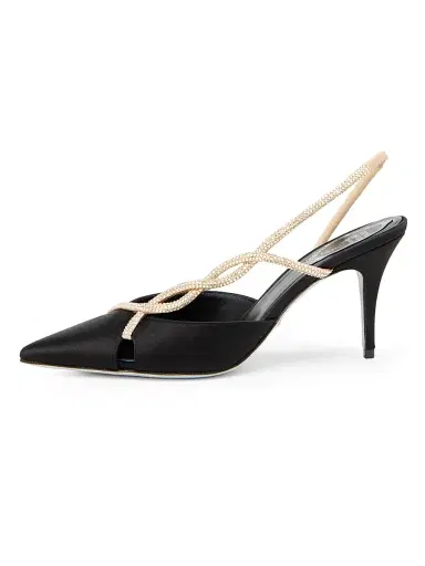 René Caovilla Women's 80MM Satin Slingback Pumps - Black Satin Golden Strass | Thumbnail 1 René Caovilla Women's 80MM Satin Slingback Pumps - Black Satin Golden Strass | Thumbnail 1