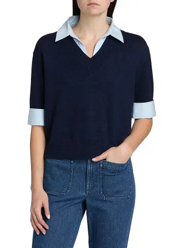 Tanya Taylor Women's Esme Sweater Combo Top - Maritime Blue Melange Oxford | Thumbnail 3 Tanya Taylor Women's Esme Sweater Combo Top - Maritime Blue Melange Oxford | Thumbnail 3