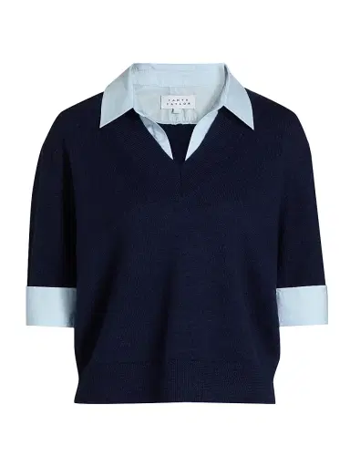 Tanya Taylor Women's Esme Sweater Combo Top - Maritime Blue Melange Oxford | Thumbnail 1 Tanya Taylor Women's Esme Sweater Combo Top - Maritime Blue Melange Oxford | Thumbnail 1