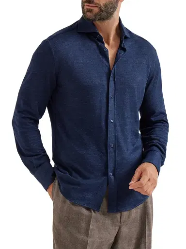 Brunello Cucinelli Men's Linen and Cotton Mélange Jersey Shirt - Navy Blue | Thumbnail 2 Brunello Cucinelli Men's Linen and Cotton Mélange Jersey Shirt - Navy Blue | Thumbnail 2