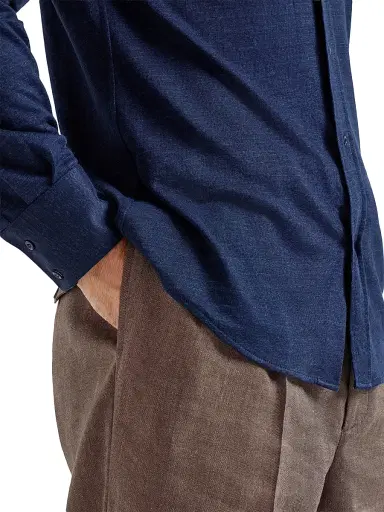 Brunello Cucinelli Men's Linen and Cotton Mélange Jersey Shirt - Navy Blue | Thumbnail 4 Brunello Cucinelli Men's Linen and Cotton Mélange Jersey Shirt - Navy Blue | Thumbnail 4