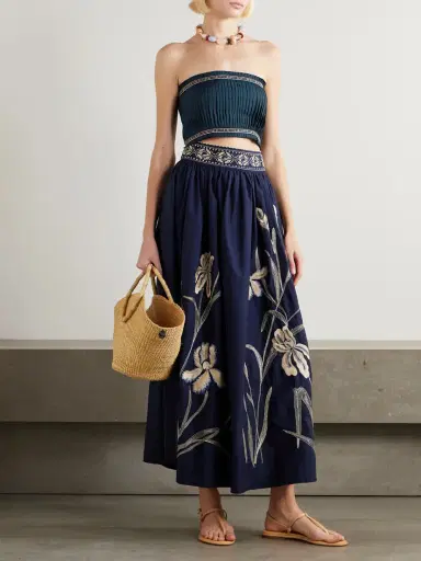 Emporio Sirenuse Flavia Strapless Cropped Embroidered Pleated Cotton-blend Top | Thumbnail 2 Emporio Sirenuse Flavia Strapless Cropped Embroidered Pleated Cotton-blend Top | Thumbnail 2