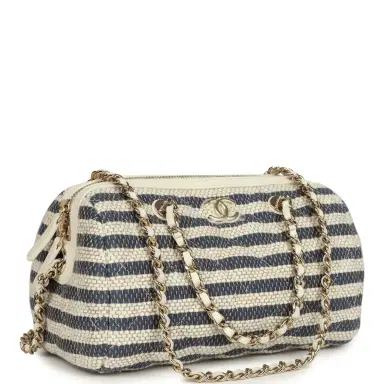 Chanel Chanel Mini Timeless Classic Barrel Bag with Chain Light Beige and Dark Blue Striped Woven Fabric Light Gold Hardware | Thumbnail 2 Chanel Chanel Mini Timeless Classic Barrel Bag with Chain Light Beige and Dark Blue Striped Woven Fabric Light Gold Hardware | Thumbnail 2