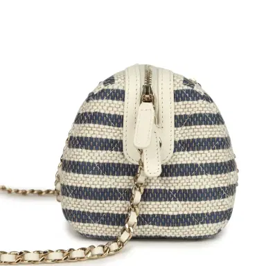 Chanel Chanel Mini Timeless Classic Barrel Bag with Chain Light Beige and Dark Blue Striped Woven Fabric Light Gold Hardware | Thumbnail 3 Chanel Chanel Mini Timeless Classic Barrel Bag with Chain Light Beige and Dark Blue Striped Woven Fabric Light Gold Hardware | Thumbnail 3