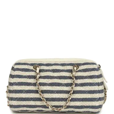 Chanel Chanel Mini Timeless Classic Barrel Bag with Chain Light Beige and Dark Blue Striped Woven Fabric Light Gold Hardware | Thumbnail 4 Chanel Chanel Mini Timeless Classic Barrel Bag with Chain Light Beige and Dark Blue Striped Woven Fabric Light Gold Hardware | Thumbnail 4