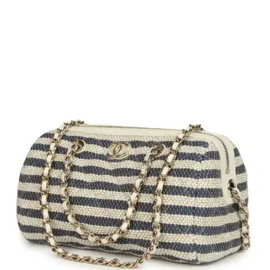 Chanel Chanel Mini Timeless Classic Barrel Bag with Chain Light Beige and Dark Blue Striped Woven Fabric Light Gold Hardware | Thumbnail 5 Chanel Chanel Mini Timeless Classic Barrel Bag with Chain Light Beige and Dark Blue Striped Woven Fabric Light Gold Hardware | Thumbnail 5