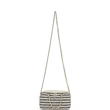 Chanel Chanel Mini Timeless Classic Barrel Bag with Chain Light Beige and Dark Blue Striped Woven Fabric Light Gold Hardware | Thumbnail 7 Chanel Chanel Mini Timeless Classic Barrel Bag with Chain Light Beige and Dark Blue Striped Woven Fabric Light Gold Hardware | Thumbnail 7