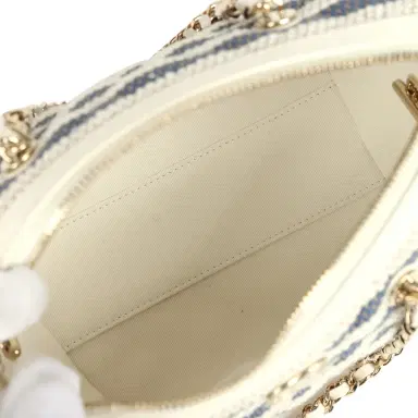 Chanel Chanel Mini Timeless Classic Barrel Bag with Chain Light Beige and Dark Blue Striped Woven Fabric Light Gold Hardware | Thumbnail 8 Chanel Chanel Mini Timeless Classic Barrel Bag with Chain Light Beige and Dark Blue Striped Woven Fabric Light Gold Hardware | Thumbnail 8