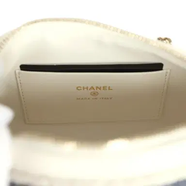 Chanel Chanel Mini Timeless Classic Barrel Bag with Chain Light Beige and Dark Blue Striped Woven Fabric Light Gold Hardware | Thumbnail 9 Chanel Chanel Mini Timeless Classic Barrel Bag with Chain Light Beige and Dark Blue Striped Woven Fabric Light Gold Hardware | Thumbnail 9