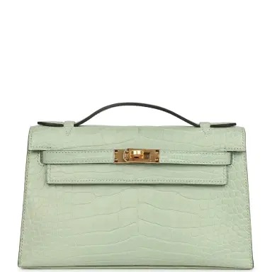 HERMÈS Hermes Kelly Pochette Vert D'Eau Matte Alligator Gold Hardware | Thumbnail 1 HERMÈS Hermes Kelly Pochette Vert D'Eau Matte Alligator Gold Hardware | Thumbnail 1