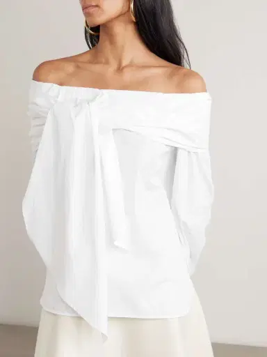 Max Mara Off-the-shoulder Tie-detailed Gathered Cotton-poplin Blouse | Thumbnail 3 Max Mara Off-the-shoulder Tie-detailed Gathered Cotton-poplin Blouse | Thumbnail 3