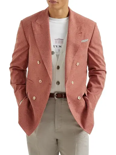 Brunello Cucinelli Men's Virgin Wool, Cotton and Silk Mouliné One and a Half Breasted Tailor Blazer - Orange | Thumbnail 5 Brunello Cucinelli Men's Virgin Wool, Cotton and Silk Mouliné One and a Half Breasted Tailor Blazer - Orange | Thumbnail 5