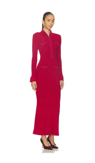 self-portrait Red Pearl Trim Knit Midi Dress | Thumbnail 2 self-portrait Red Pearl Trim Knit Midi Dress | Thumbnail 2