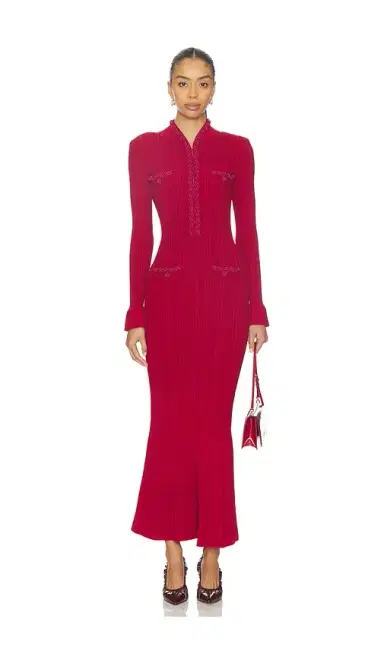 self-portrait Red Pearl Trim Knit Midi Dress | Thumbnail 1 self-portrait Red Pearl Trim Knit Midi Dress | Thumbnail 1